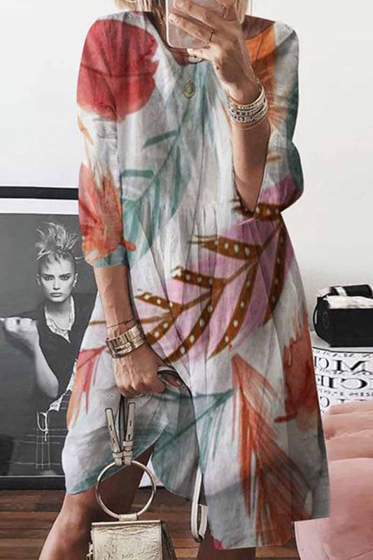 Vestido de lino estampado con cuello redondo