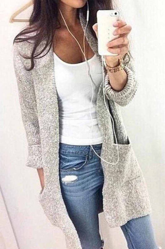 Solid Color Knitted Cardigan With Large Pockets