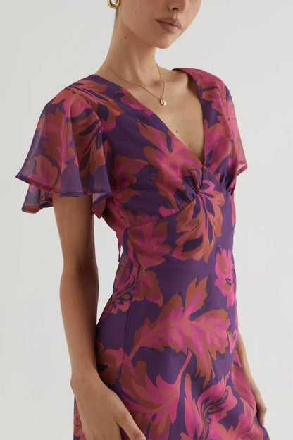 Abstract Print Short Sleeve Belted Wrap Midi Dress