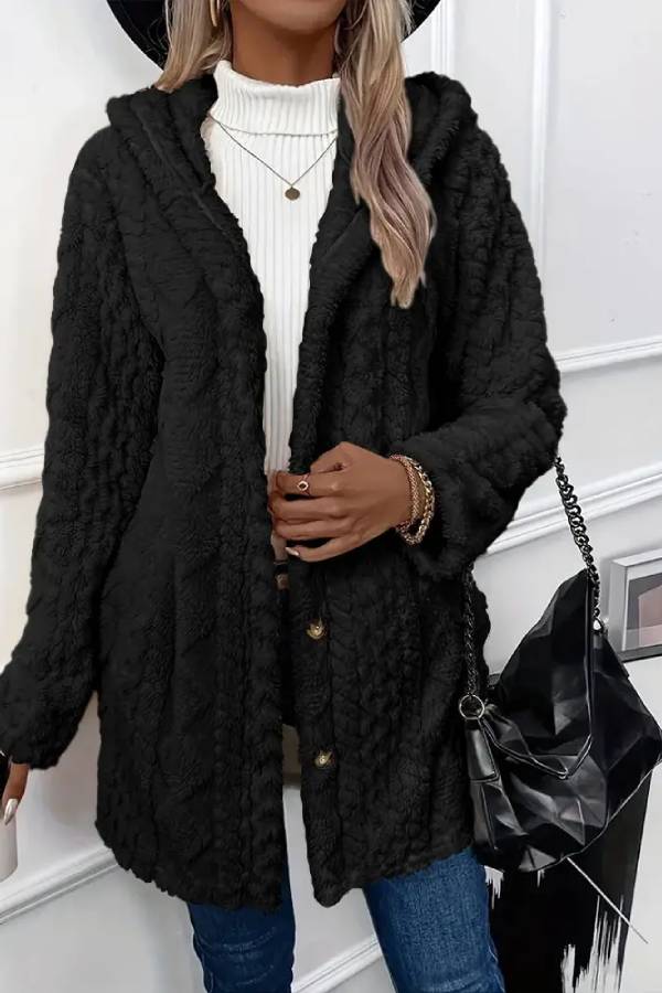 Abrigo de felpa con capucha y botones en la parte delantera con estampado texturizado de rombos