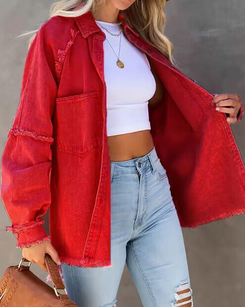 Raw Edge Patchwork Pocket Denim Jacket