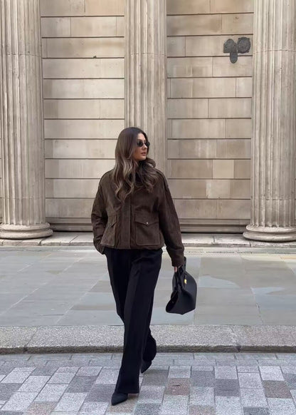 Suede-Effect Oversized Jacket with Front Pockets – Brown