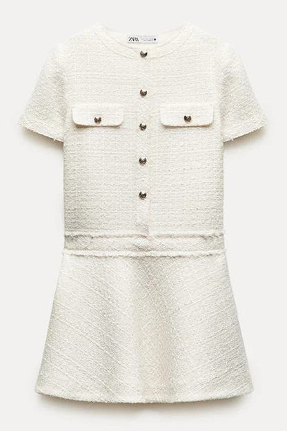 Vestido mini de tweed con textura de London Girl, manga corta, botones dorados y bolsillos, años 60