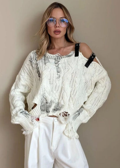 Sloane – Asymmetrical Cable Knit Sweater with Buckle Details