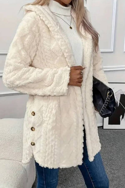 Abrigo de felpa con capucha y botones en la parte delantera con estampado texturizado de rombos