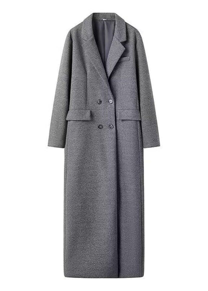 Double-Breasted Long Wool-Blend Coat – Gray