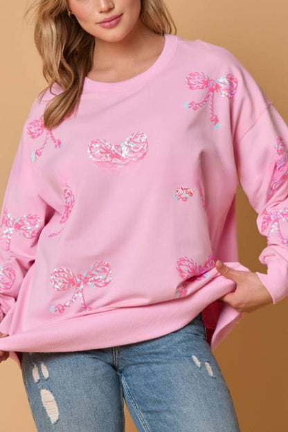 Bowknot Sequined Casual Loose Long Sleeve Sweatshirt