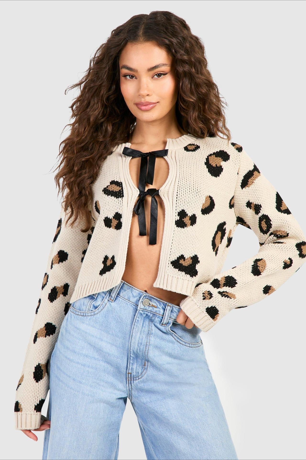 Tie Front Leopard Knit Cardigan