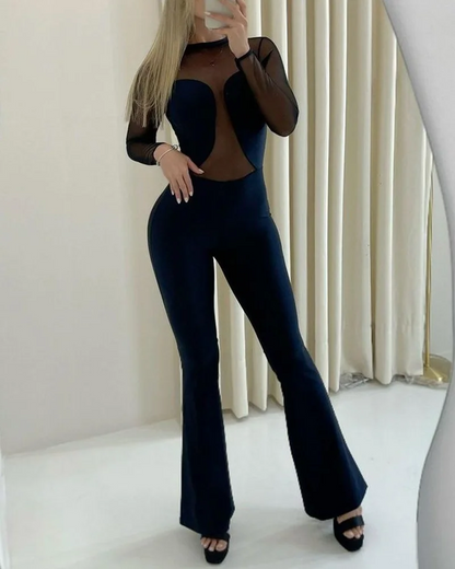Long-Sleeved Hollow Patchwork Jumpsuit