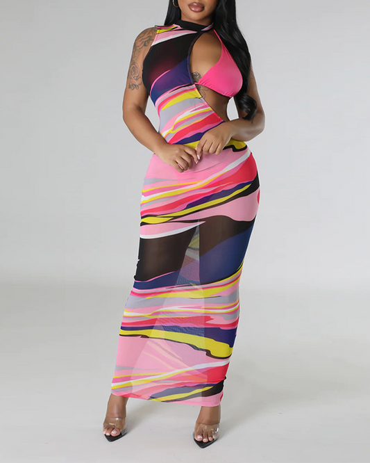 Printed Mesh Maxi Dress Set