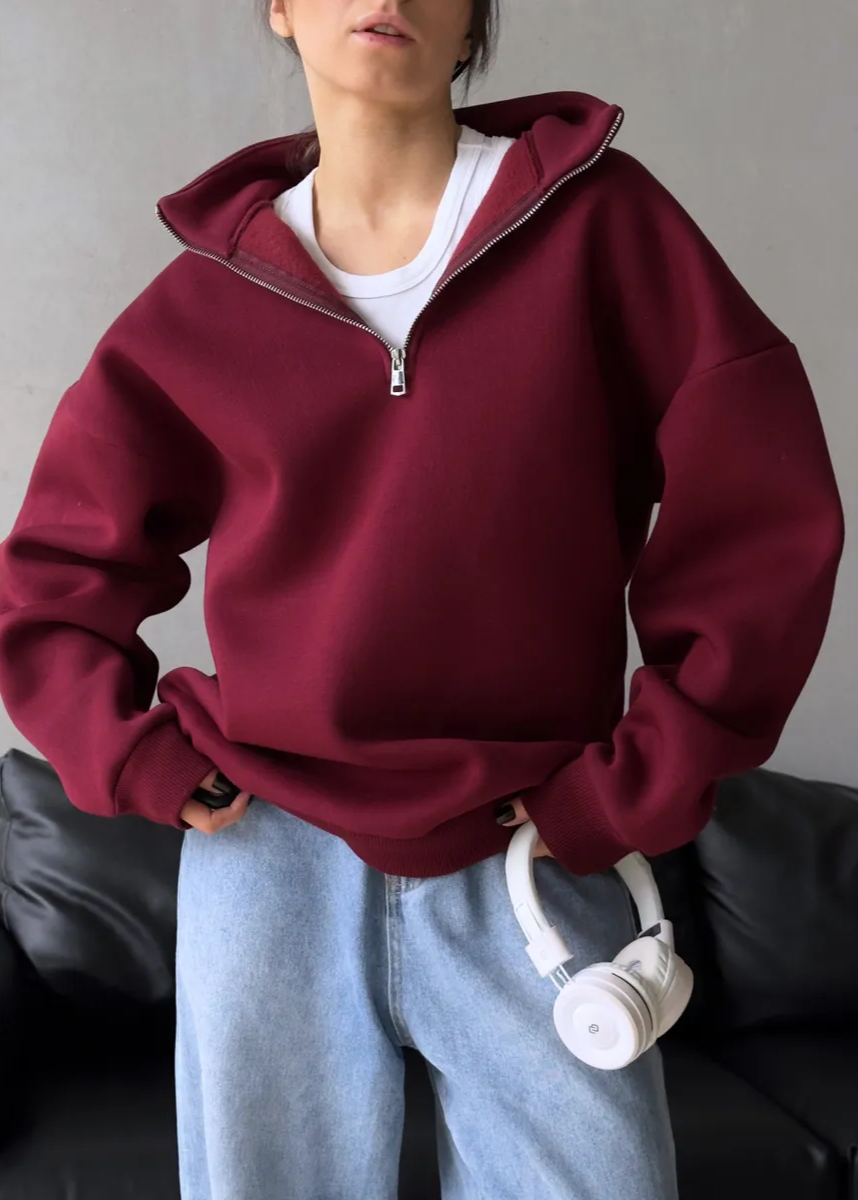 Crimson Chill - Oversized Half-Zip Sweatshirt with High Collar