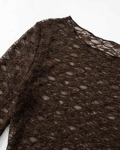 Solid Color Round Neck Lace Long Sleeve Top