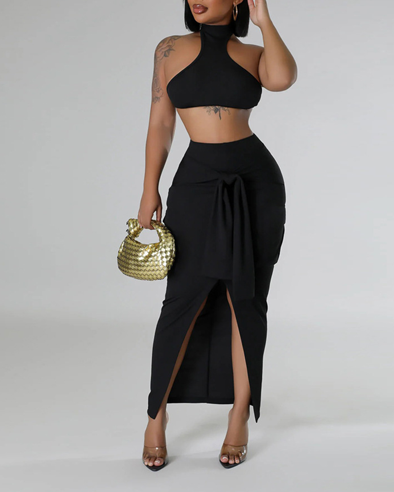 Solid Color Lace-Up Sleeveless Set