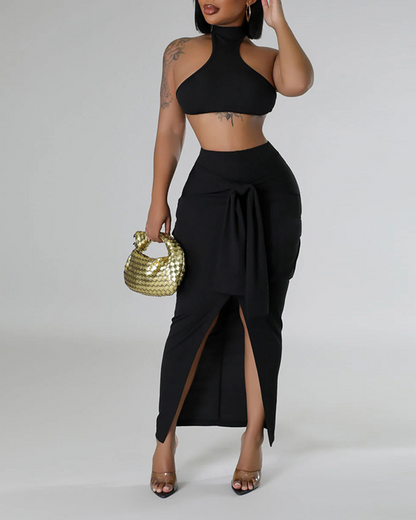 Solid Color Lace-Up Sleeveless Set