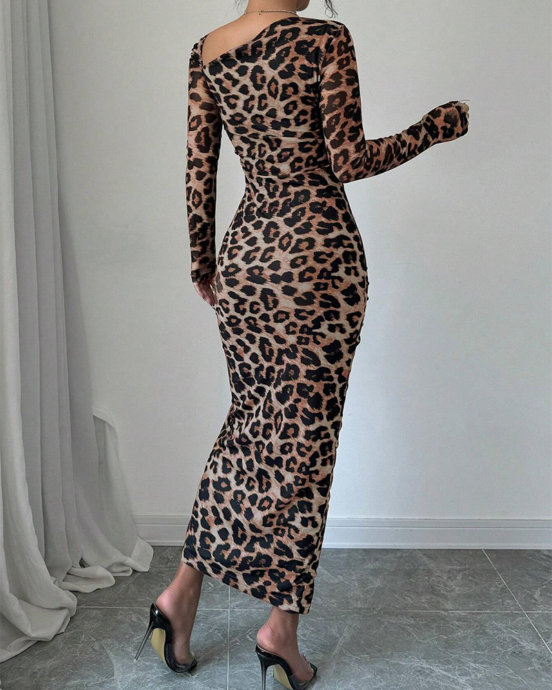 Long-Sleeved Slit Drawstring Slim Dress