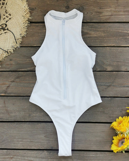 Solid Color Zipper Sleeveless Surfing One-Piece Swimsuit