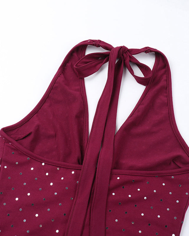 Slim Fit Deep V Jumpsuit With Rhinestones