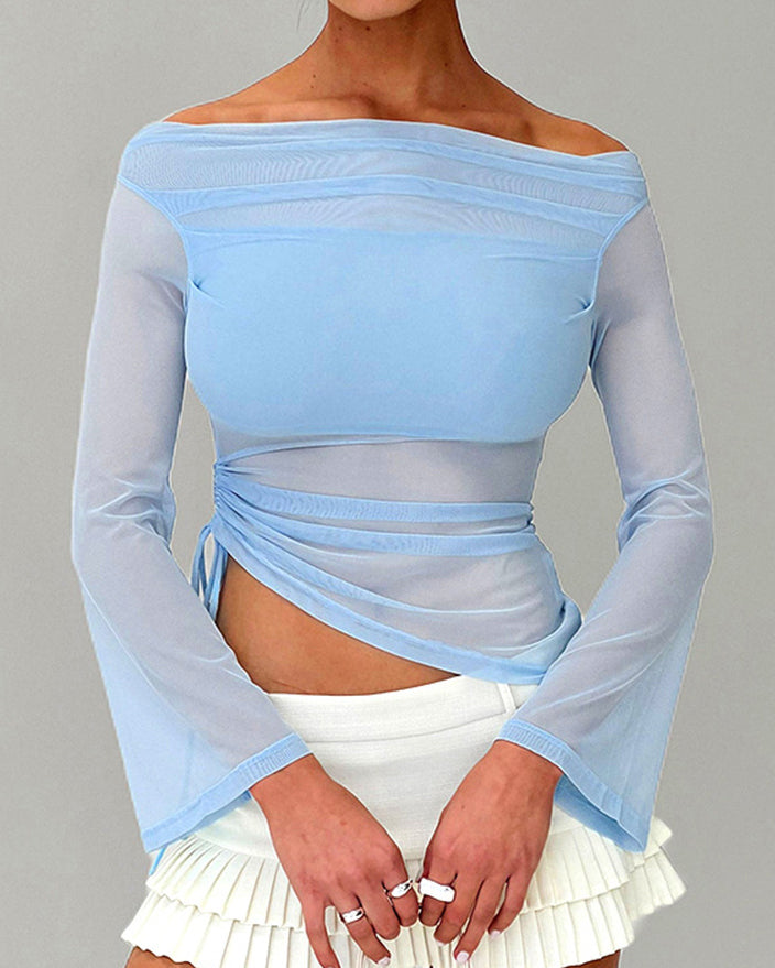 Solid Color Long Sleeve One Shoulder Mesh Splicing Top