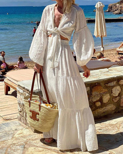 Bohemian Puff Sleeve Cardigan Skirt Two-Piece Set