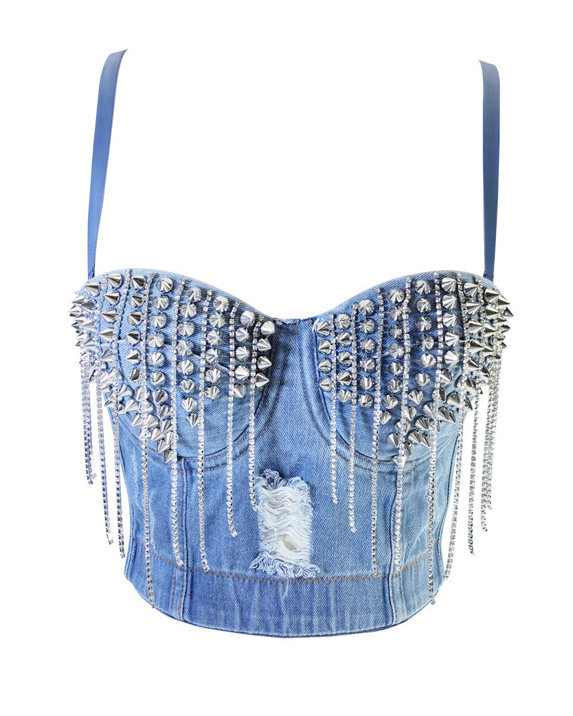 Distressed Denim Embellished Diamond Beaded Fringed Back Bandeau