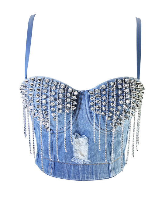 Distressed Denim Embellished Diamond Beaded Fringed Back Bandeau