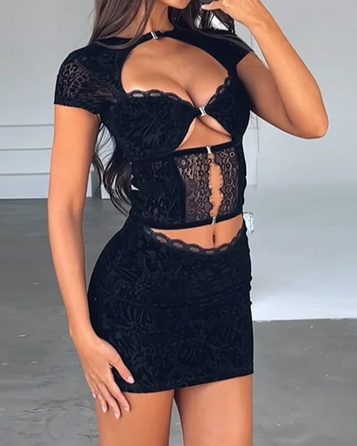 Slim Fit Velvet Lace Hollow Short Dress