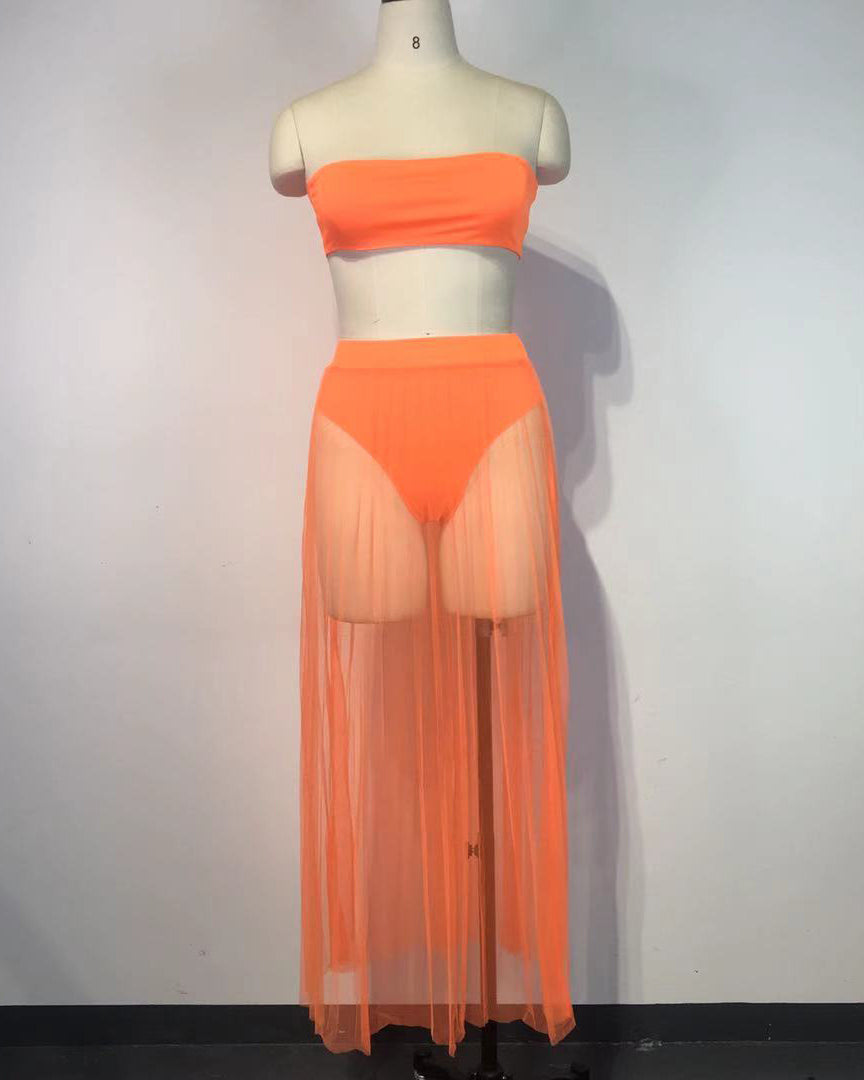 Mesh Pleated Three-Piece Skirt