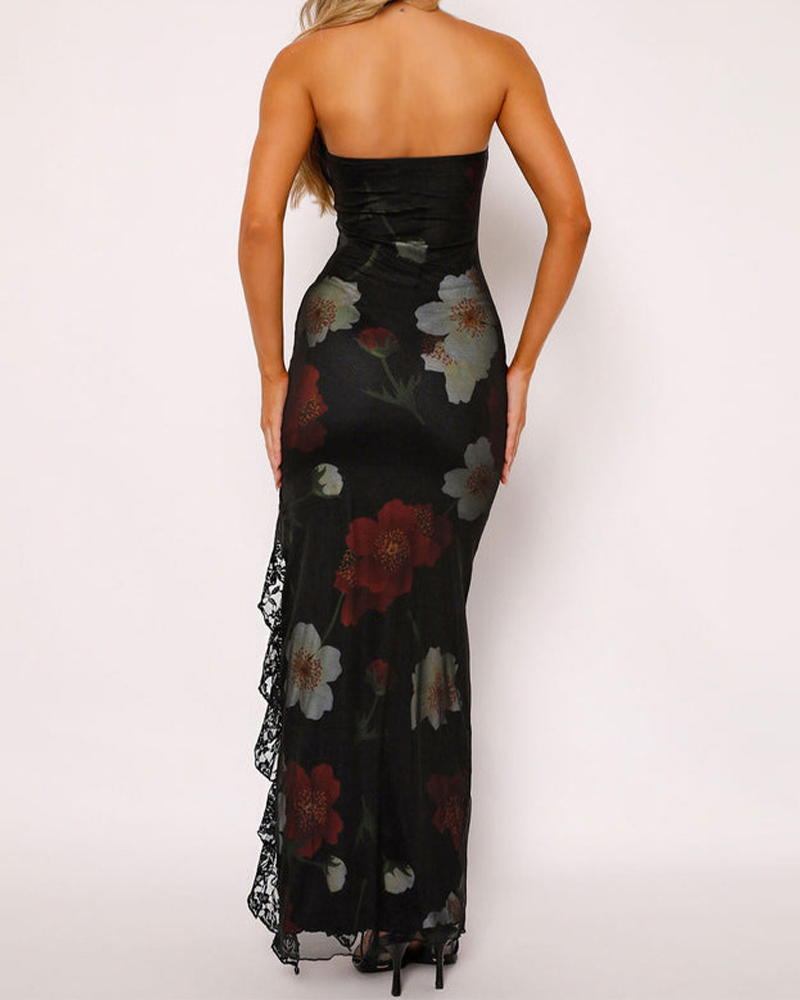 Printed Lace Panelled Bandeau Dress