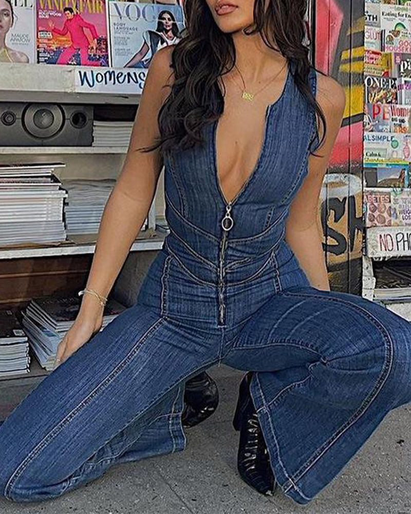 Sleeveless Openback High Waist Denim Jumpsuit