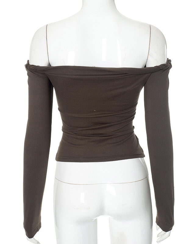 Solid Color Twisted One Shoulder Long Sleeve Top