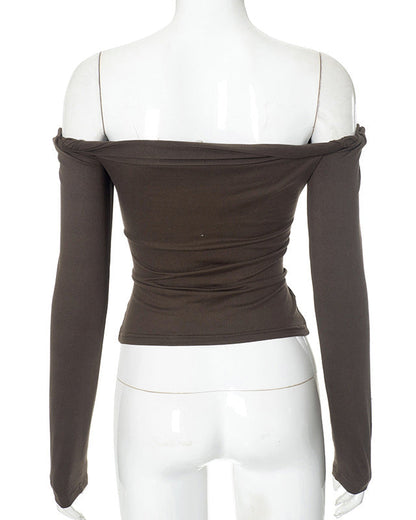 Solid Color Twisted One Shoulder Long Sleeve Top