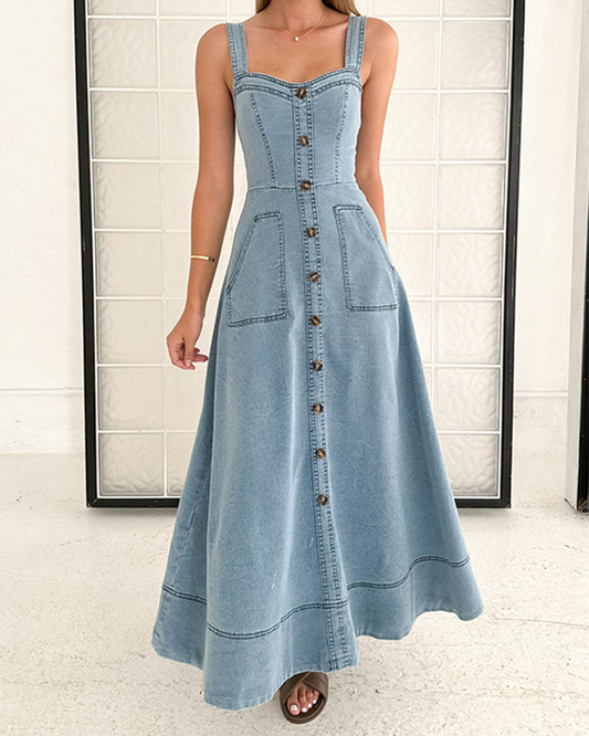 High Waist Denim Maxi Skirt With Suspenders