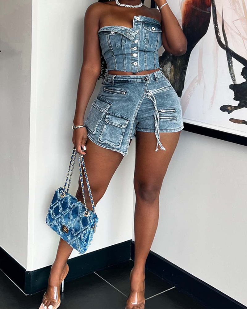 Bandeau Shorts Denim Suit