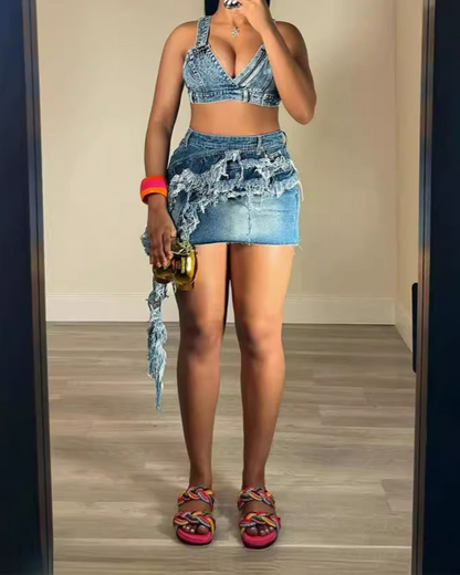 Fringed Stretch Denim Skirt Set