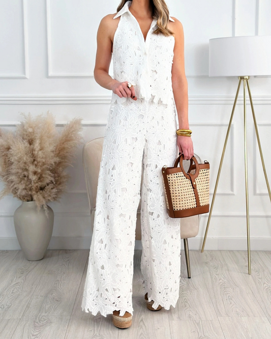 Hollow V-Neck Straight Pants Suit