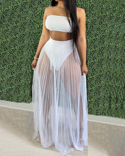 Mesh Pleated Three-Piece Skirt