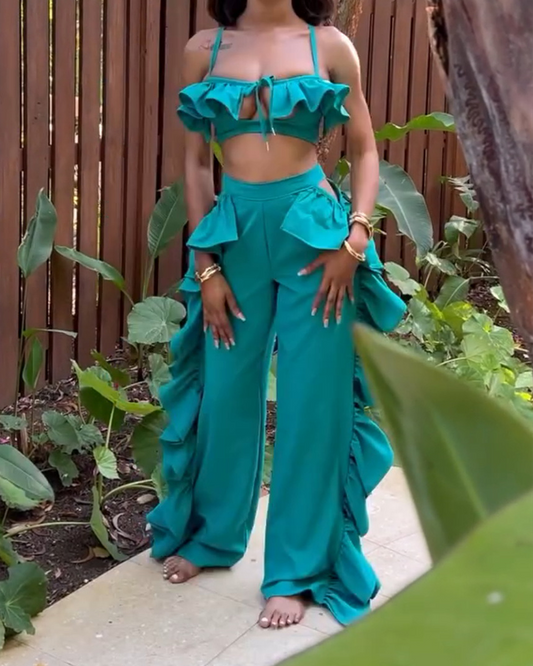 Ruffled High-Waist Wide-Leg Pants Suit