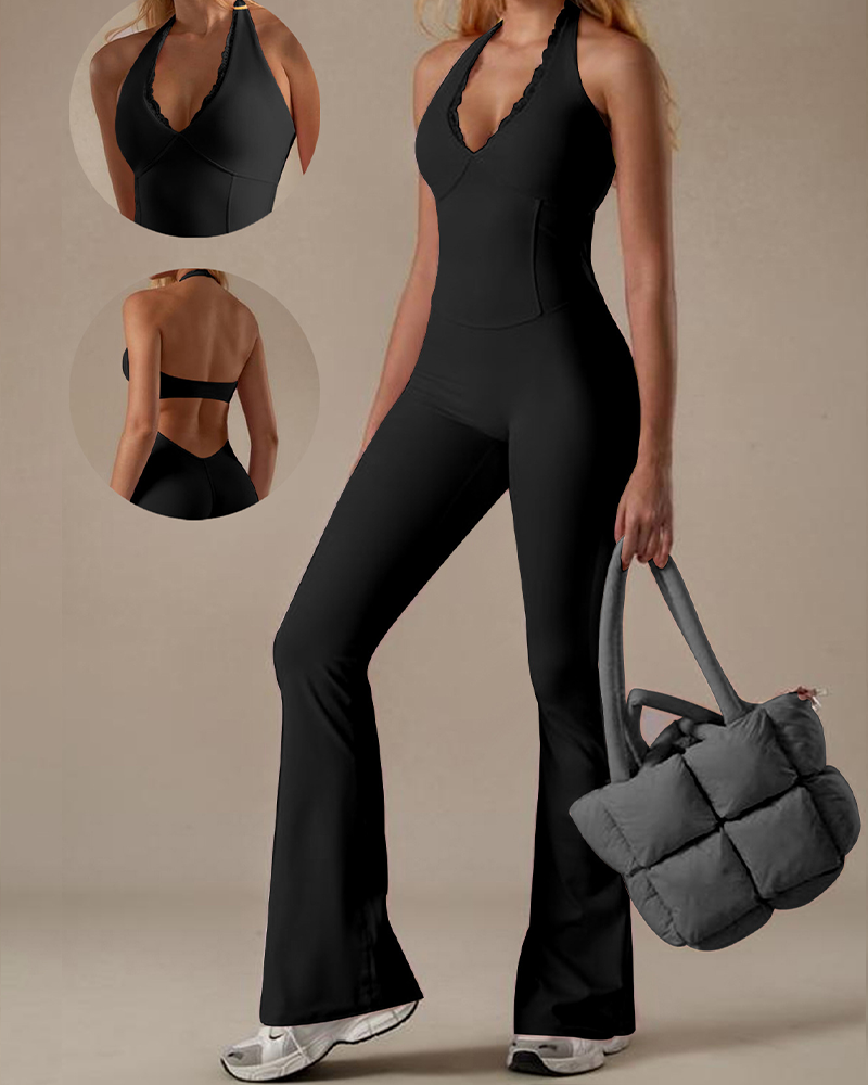 V-Neck Lace Yoga Jumpsuit