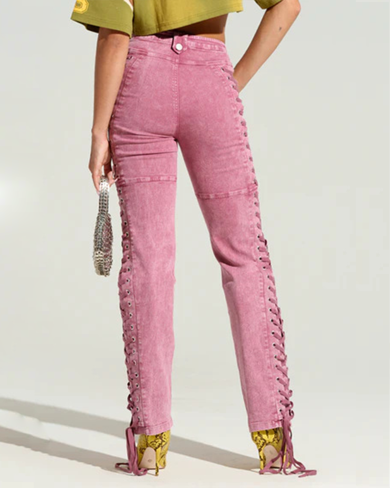 High-Waisted Tie-Strap Jeans