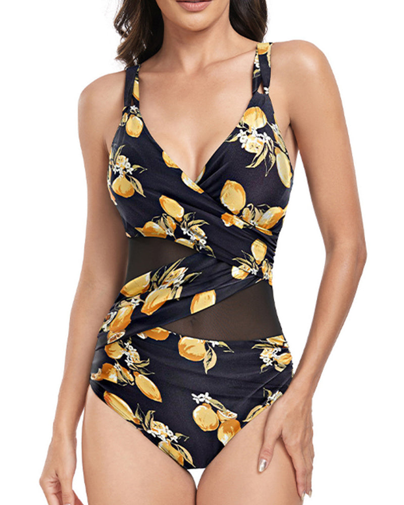 Gathered V-Neck Mesh Stitching One-Piece Swimsuit