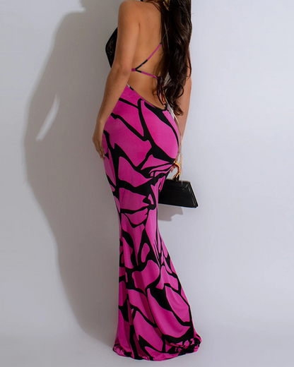 V-Neck Backpack Hip-Revealing Printed Dress