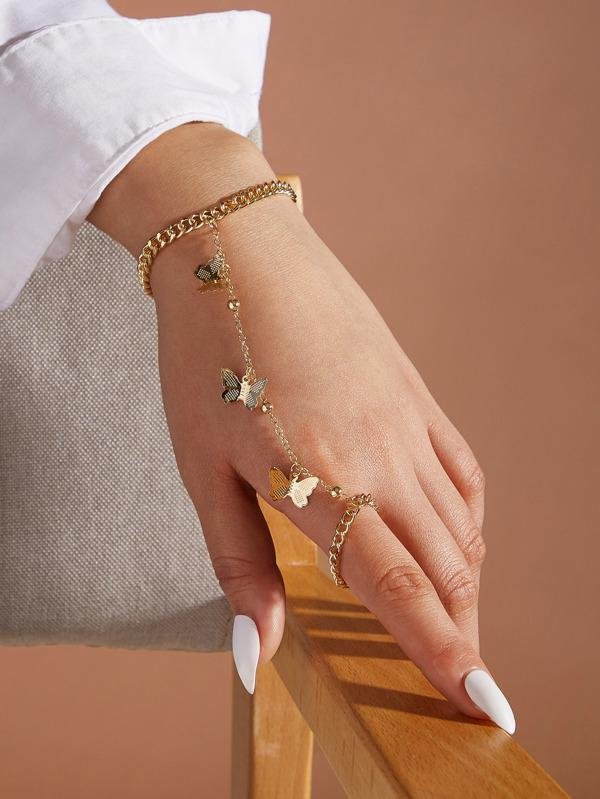 1pc Butterfly Charm Finger Ring Chain Bracelet for Women