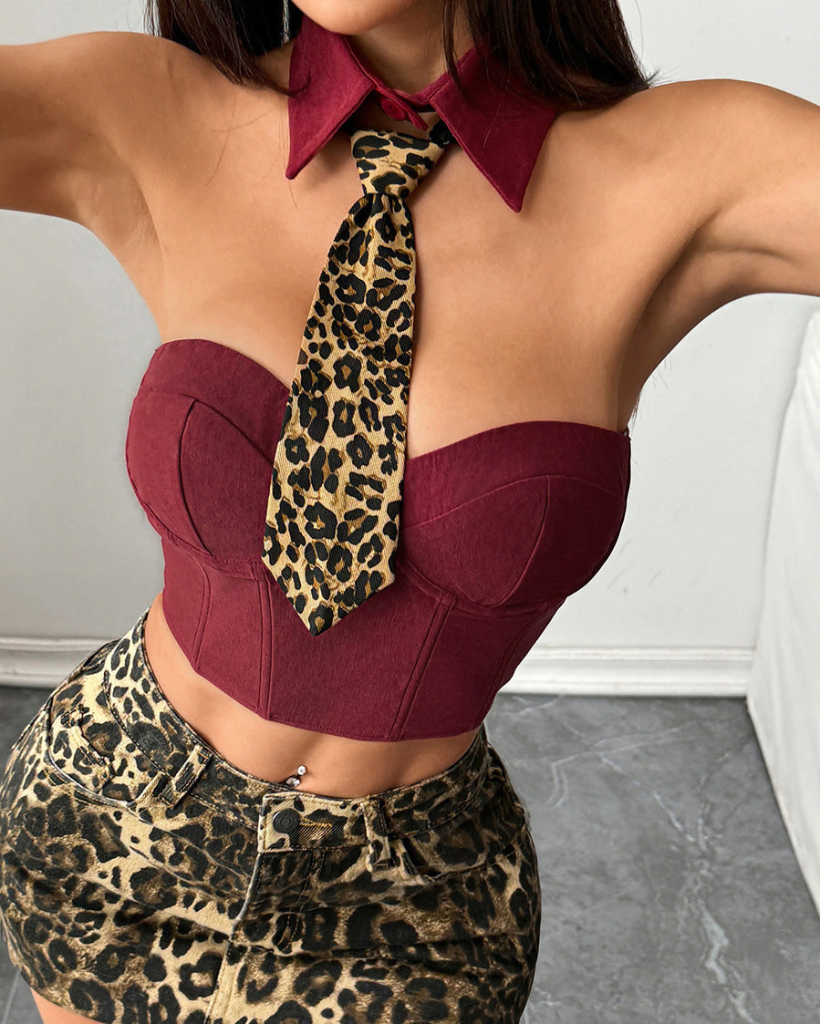 Halter Neck Leopard Print Tie-Strap Herringbone Vest