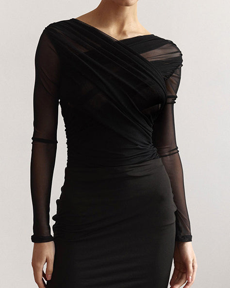 Solid Color Mesh Sexy Pleated Long Sleeve T-Shirt