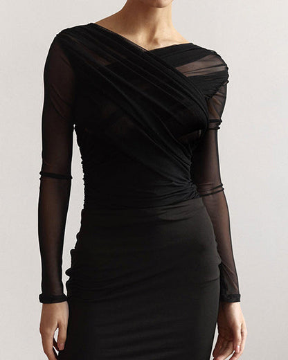 Solid Color Mesh Sexy Pleated Long Sleeve T-Shirt