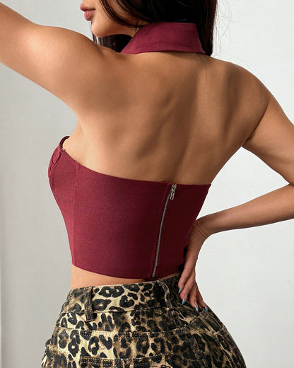 Halter Neck Leopard Print Tie-Strap Herringbone Vest