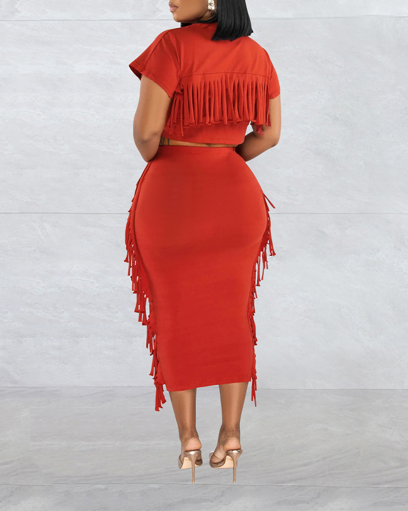 Fringed Crewneck Short-Sleeved Long Skirt Set