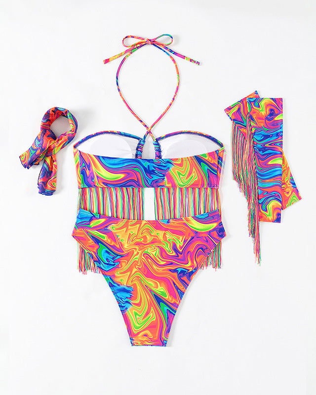 Printed Tassel Long-Sleeved Four-Piece Swimsuit