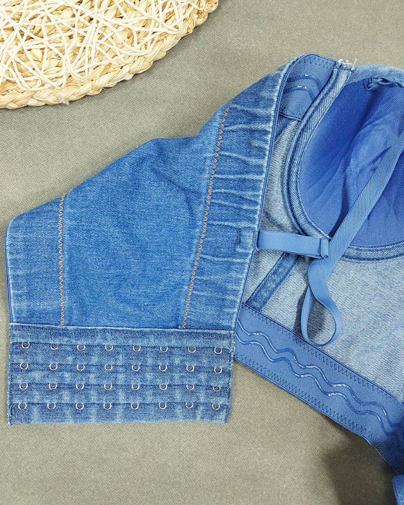 Slim Fit Denim Rhinestone Tassel Beaded Chest Wrap