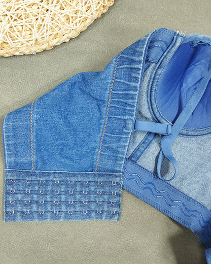 Slim Fit Denim Rhinestone Tassel Beaded Chest Wrap